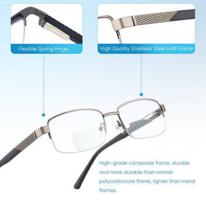 Missfive Mens Premium Bifocal Reading Glasses Blue Light Blocking, Computer Readers Metal Frame with No Broken Spring Hinge, Far/Near Dual-use Eyeglasses 2 Pack, Blue & Silver