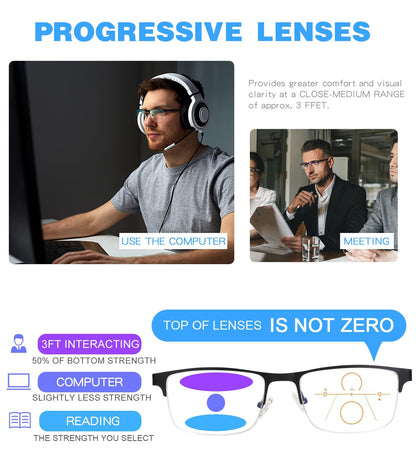 Missfive 2 Pack Mens Quality Progressive Multifocus Reading Glasses Blue Light Blocking, Man Spring Hinge Multifocal No-Line Readers Half Frame Metal Eyeglasses,Workspace For Near Range