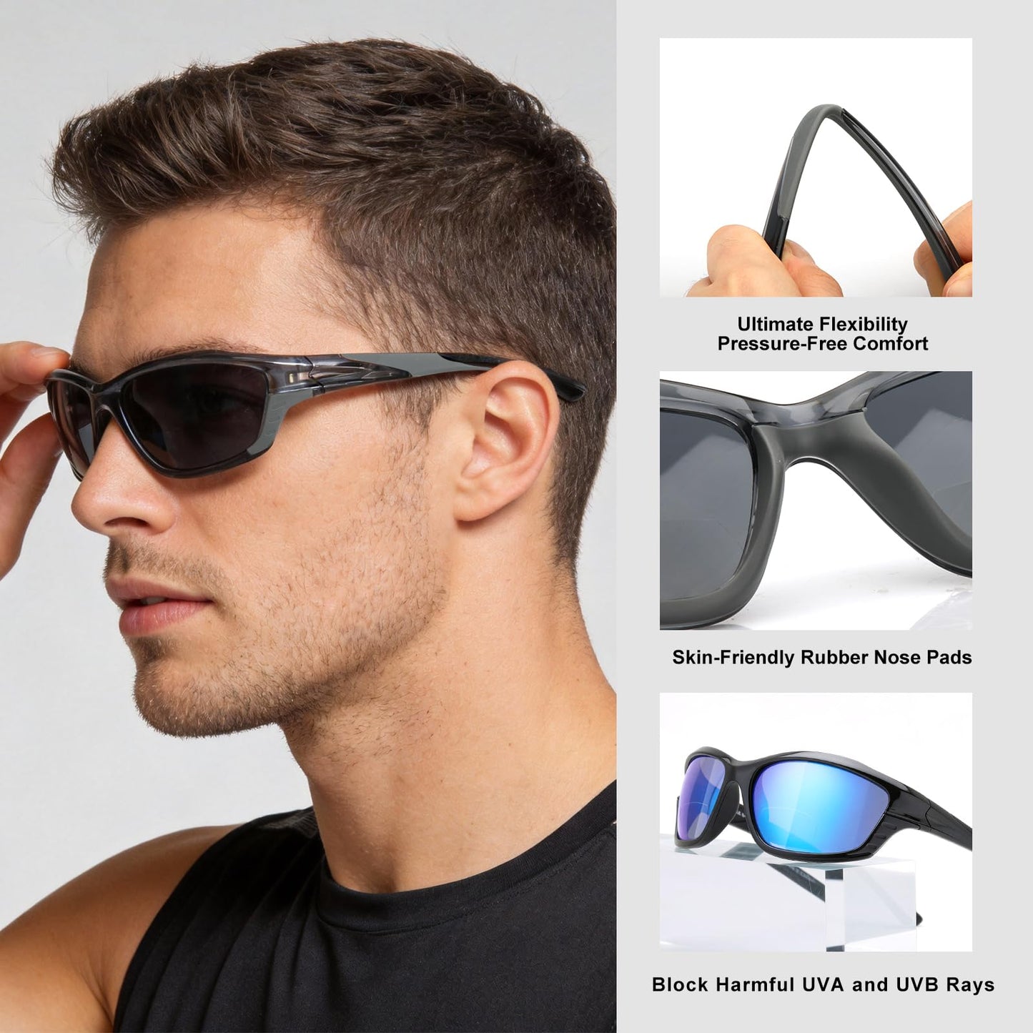 Missfive 2-Pack Mens Go-To Bifocal Sunglasses with Readers Built In, Resilient Temple Comfort-Fit Sport Wrap Around Frame & UV400 Protection, Driving & Reading Glasses for Outdoor