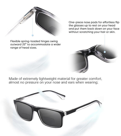 Missfive 2-Pack Mens Light Bifocal Sun Reading Glasses Blue Light Blocking, Near/Far Dual-use Spring Hinge Sun Readers, Anti UV/Eye Strain Comfort Premium Sunglasses