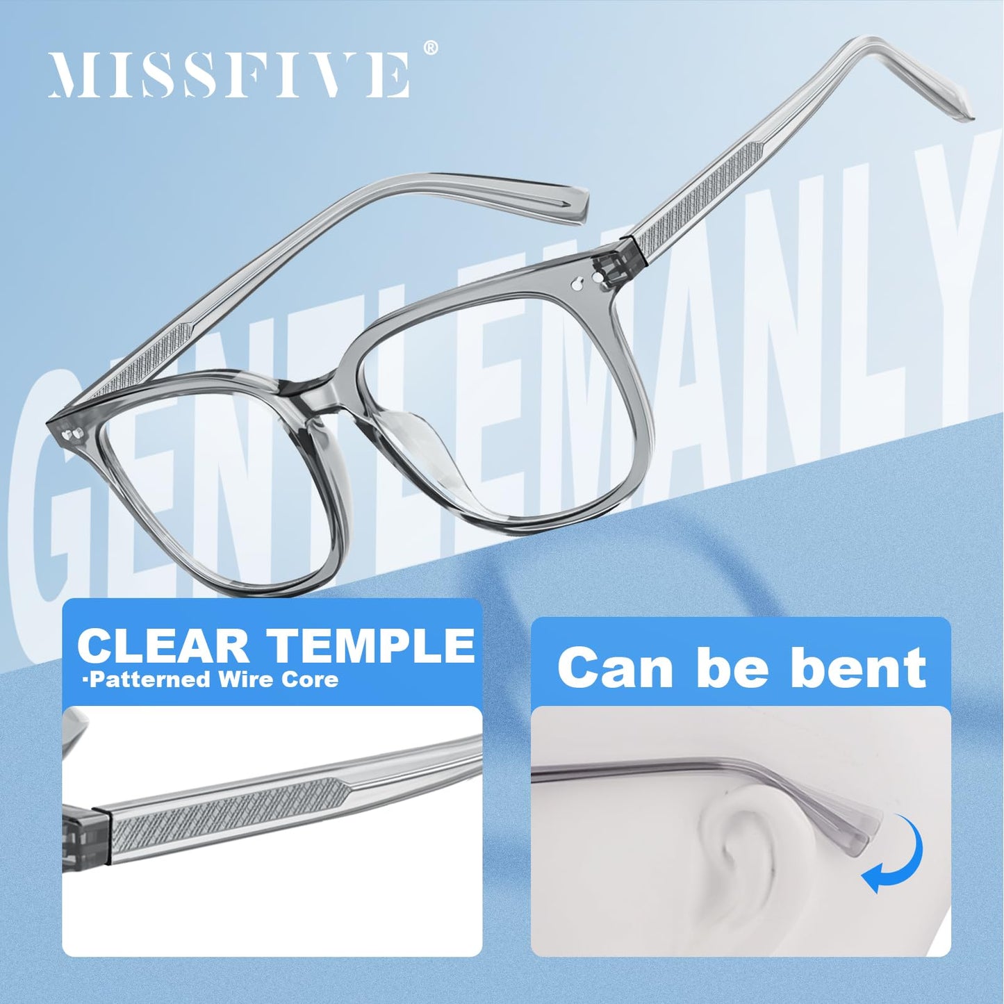 Missfive 2-Pack Multifocus Progressive Reading Glasses Men, Blue Light Blocking Multifocal Spring Hinge Trifocal Readers Durable TR90 Frame Near-Range Eyeglasses, Grey & Blue