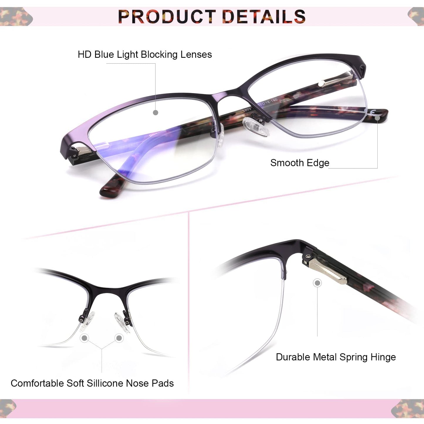Missfive Premium Progressive Multifocus Metal Reading Glasses Women & A Case, Quality Spring Hinge Blue Light Blocking No Line Lens Multifocal Readers(for Mid-Near Workspace_Deep Purple)