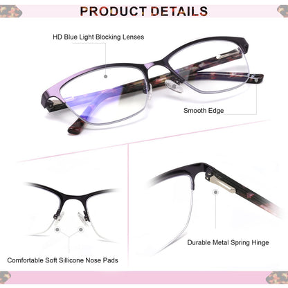 Missfive Premium Progressive Multifocus Metal Reading Glasses Women & A Case, Quality Spring Hinge Blue Light Blocking No Line Lens Multifocal Readers(for Mid-Near Workspace_Deep Purple)