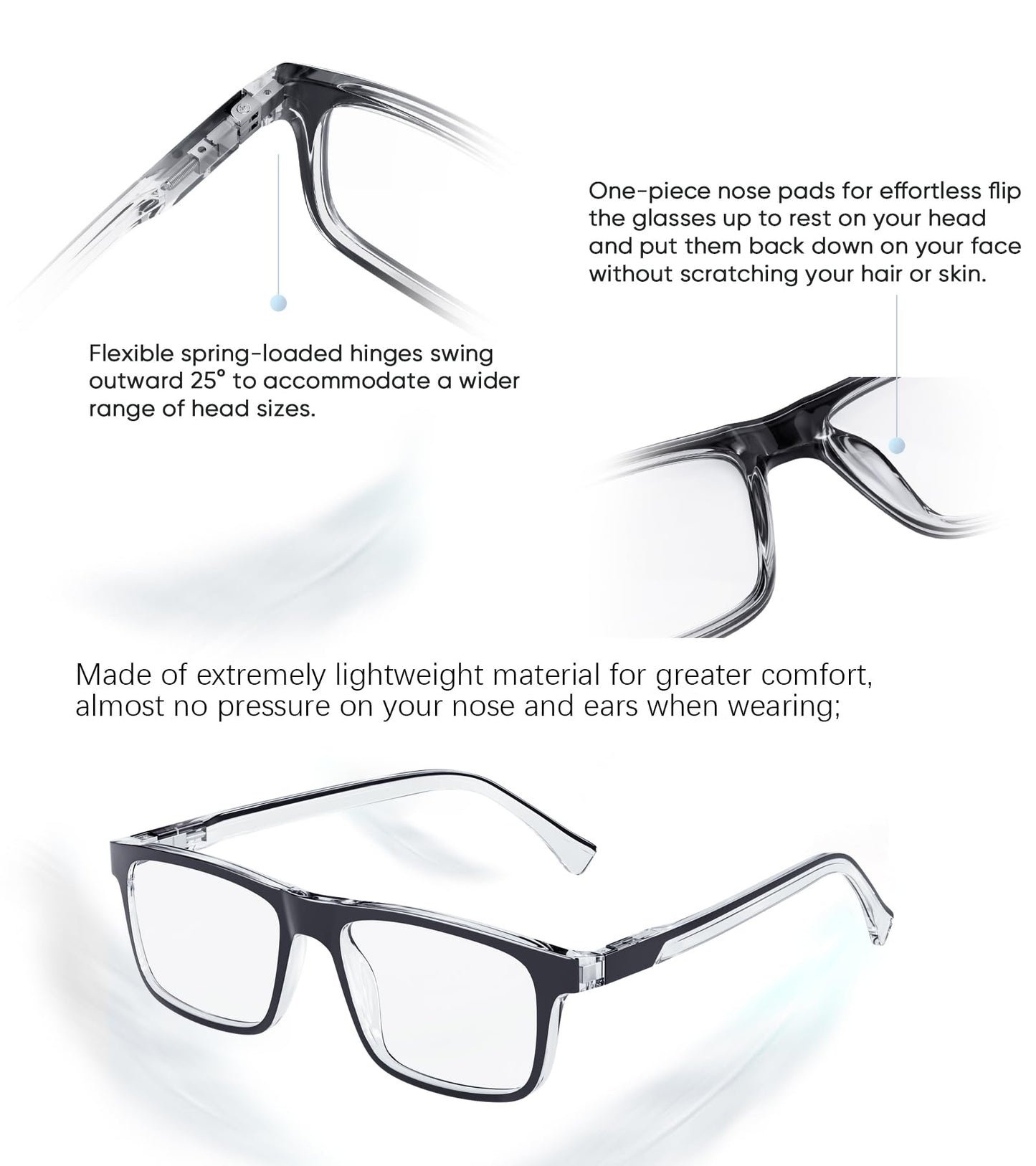 Missfive Premium Light Reading Glasses Blue Light Blocking for Men, Durable Spring Hinge Readers, Rectangular Computer Full Frame Eyeglasses Anti UV Eyewear( 4pcs)