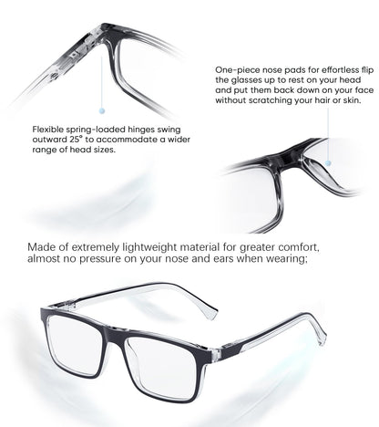 Missfive Premium Light Reading Glasses Blue Light Blocking for Men, Durable Spring Hinge Readers, Rectangular Computer Full Frame Eyeglasses Anti UV Eyewear( 4pcs)