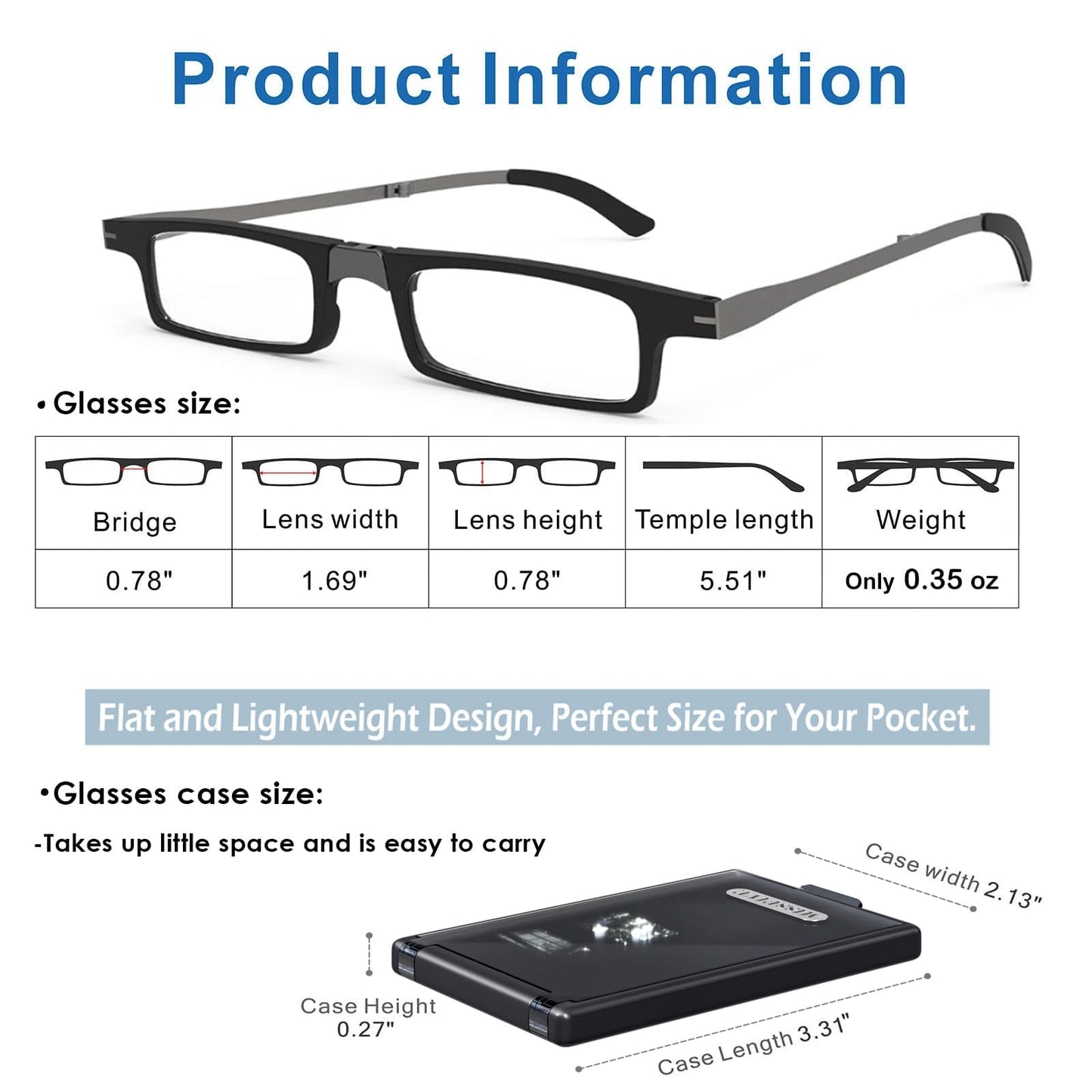 Missfive Credit Card Thin Folding Reading Glasses for Men Women - Foldable Travel Pocket Readers That Fit in a Wallet, with Durable TR90 & Metal Frame & Upgraded Easy-Open Hard Case