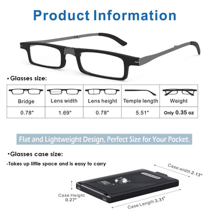 Missfive Credit Card Thin Folding Reading Glasses for Men Women - Foldable Travel Pocket Readers That Fit in a Wallet, with Durable TR90 & Metal Frame & Upgraded Easy-Open Hard Case