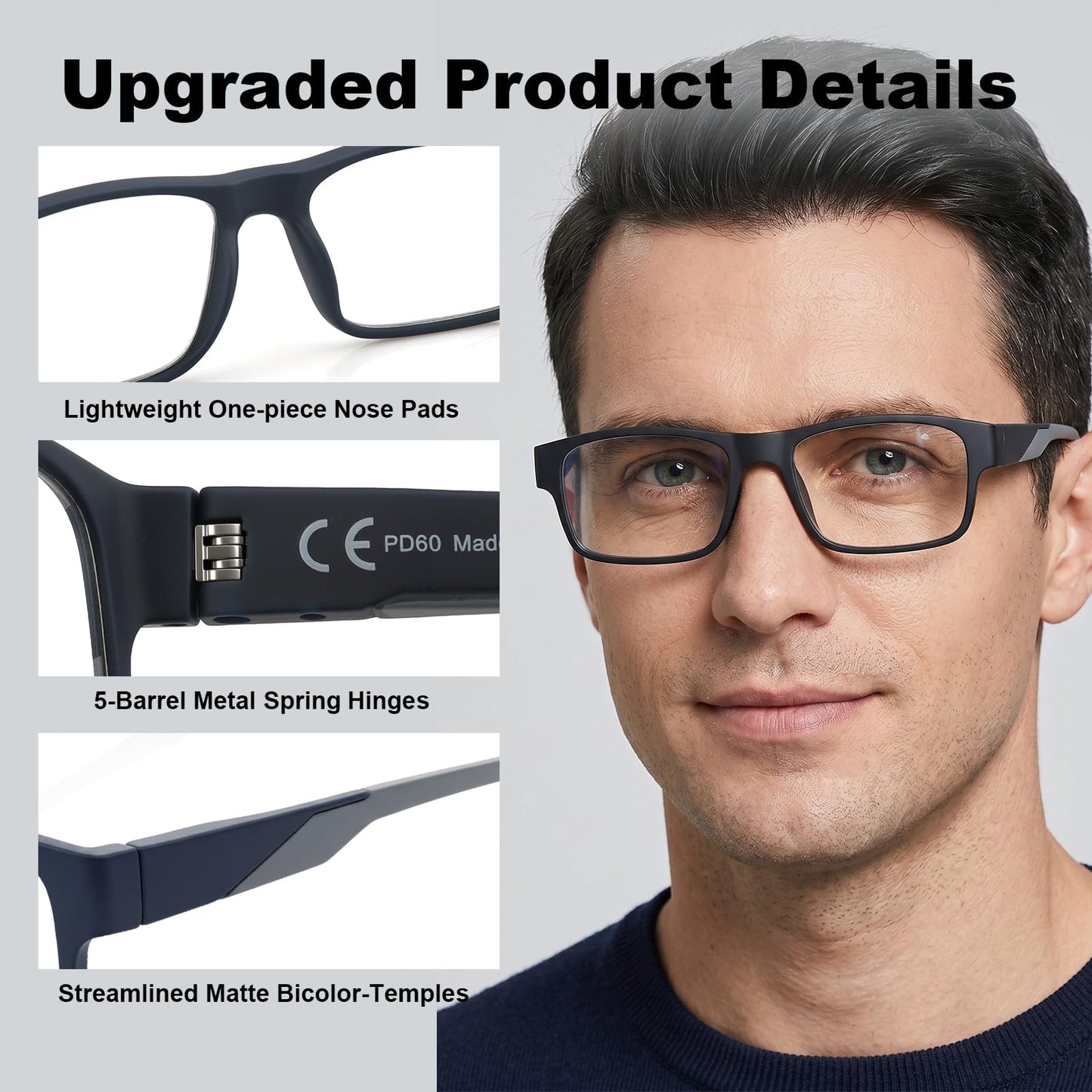 Missfive Thicken TR90 Progressive Multifocus Reading Glasses Men, Strong & Flexible 5-barrel Metal Spring Hinges, Solid Thickened Arms, No-Line Blue Light Filter Multifocal Computer Readers