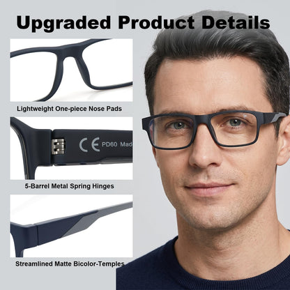 Missfive Thicken TR90 Progressive Multifocus Reading Glasses Men, Strong & Flexible 5-barrel Metal Spring Hinges, Solid Thickened Arms, No-Line Blue Light Filter Multifocal Computer Readers