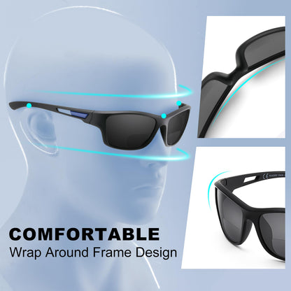 Missfive Premium Bifocal Reading Sunglasses Men Lightweight Wrap Around Design Sun Readers, UV Protection, Sports/Outdoor/Driving