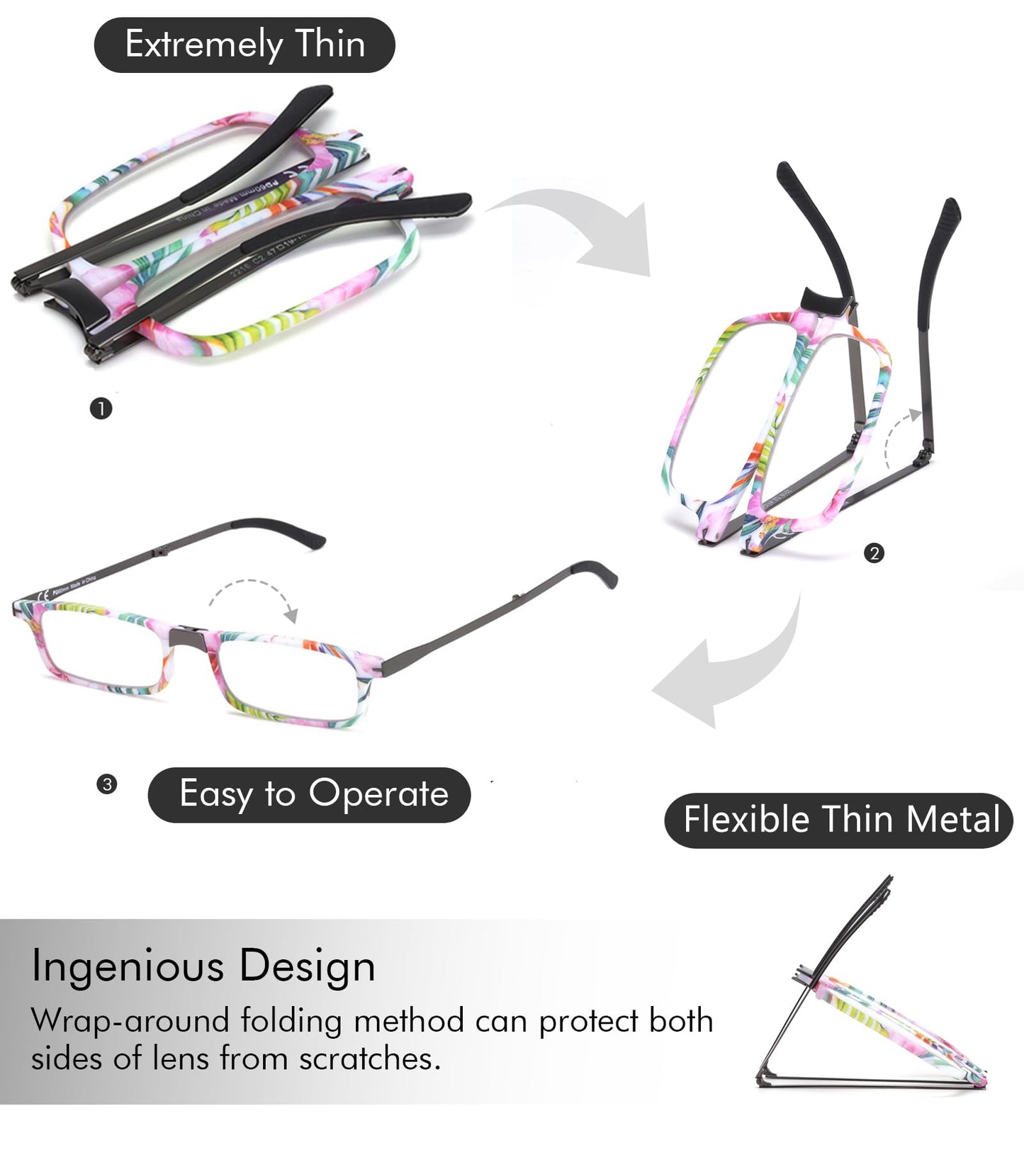 Missfive Ultra Thin Folding Reading Glasses Men Women, Foldable Portable Lightweight Pocket Readers w/ Flat Travel Case