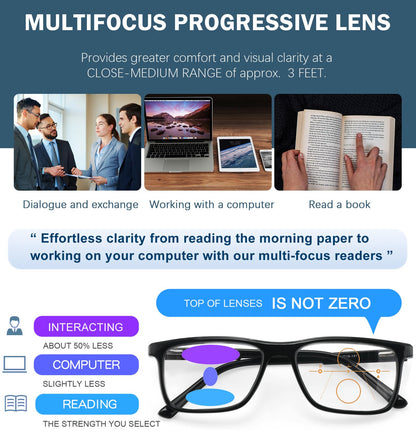 Missfive 2 Pack Unisex Progressive Multifocus Reading Glasses for Men Women, Anti Blue/UV No-Line Multifocal Readers with Durable Metal Spring Hinge, Stylish Eyewear for Near Workspace Eyewear
