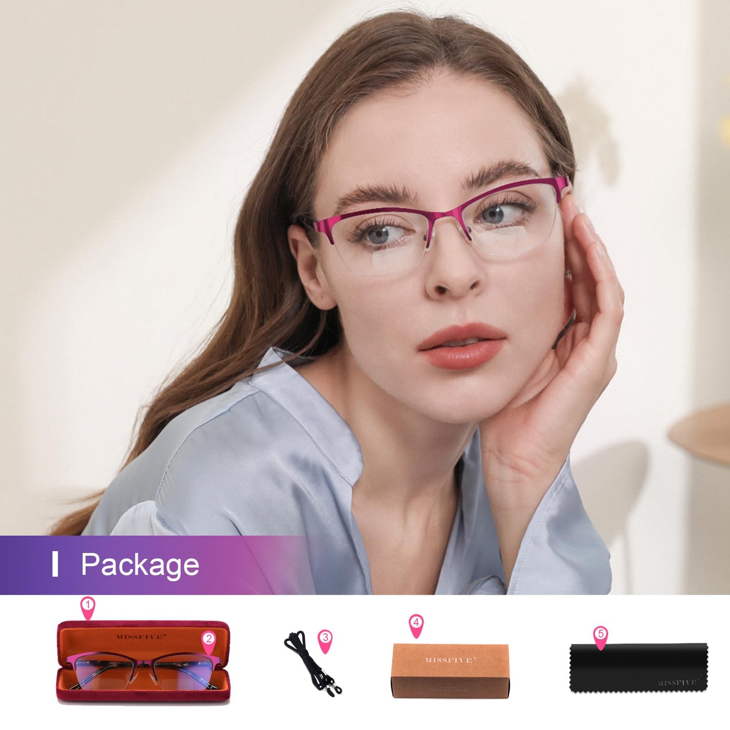 Missfive Premium Bifocal Reading Glasses for Women Anti UV/Blue Light & No Broken Metal Spring Hinge, Readers for Near Far Dual-Use & A Hard Case, Timeless Ladies Bifocals Eyewear