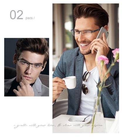 Missfive 2 Pack Mens Bifocal Reading Glasses, Blue Light Blocking Far Near Dual-use Readers, Durable Spring Hinge Quality Metal Frame Eyeglasses, Black & Gunmetal