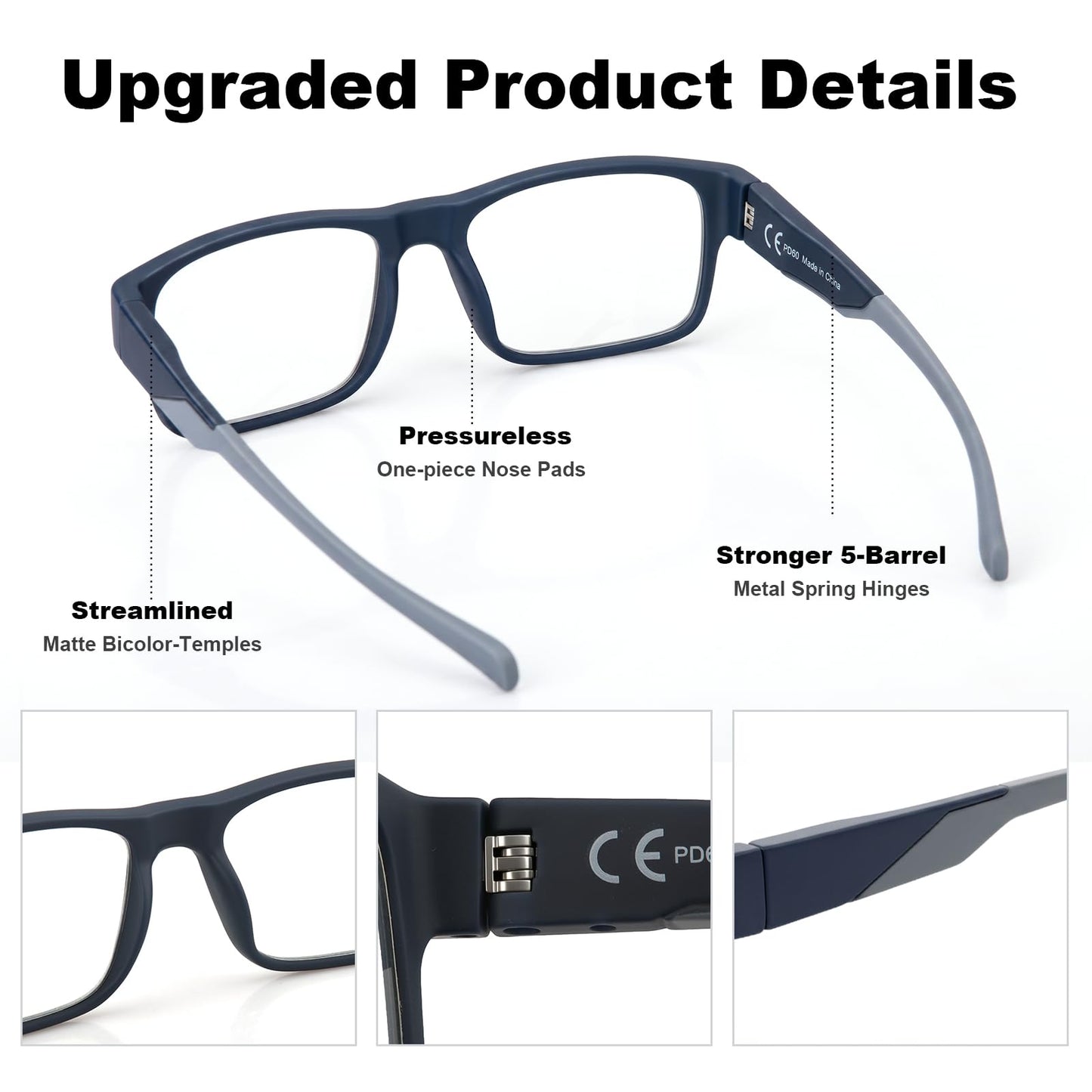 Missfive Thicken TR90 Progressive Multifocus Reading Glasses Men, Strong & Flexible 5-barrel Metal Spring Hinges, Solid Thickened Arms, No-Line Blue Light Filter Multifocal Computer Readers