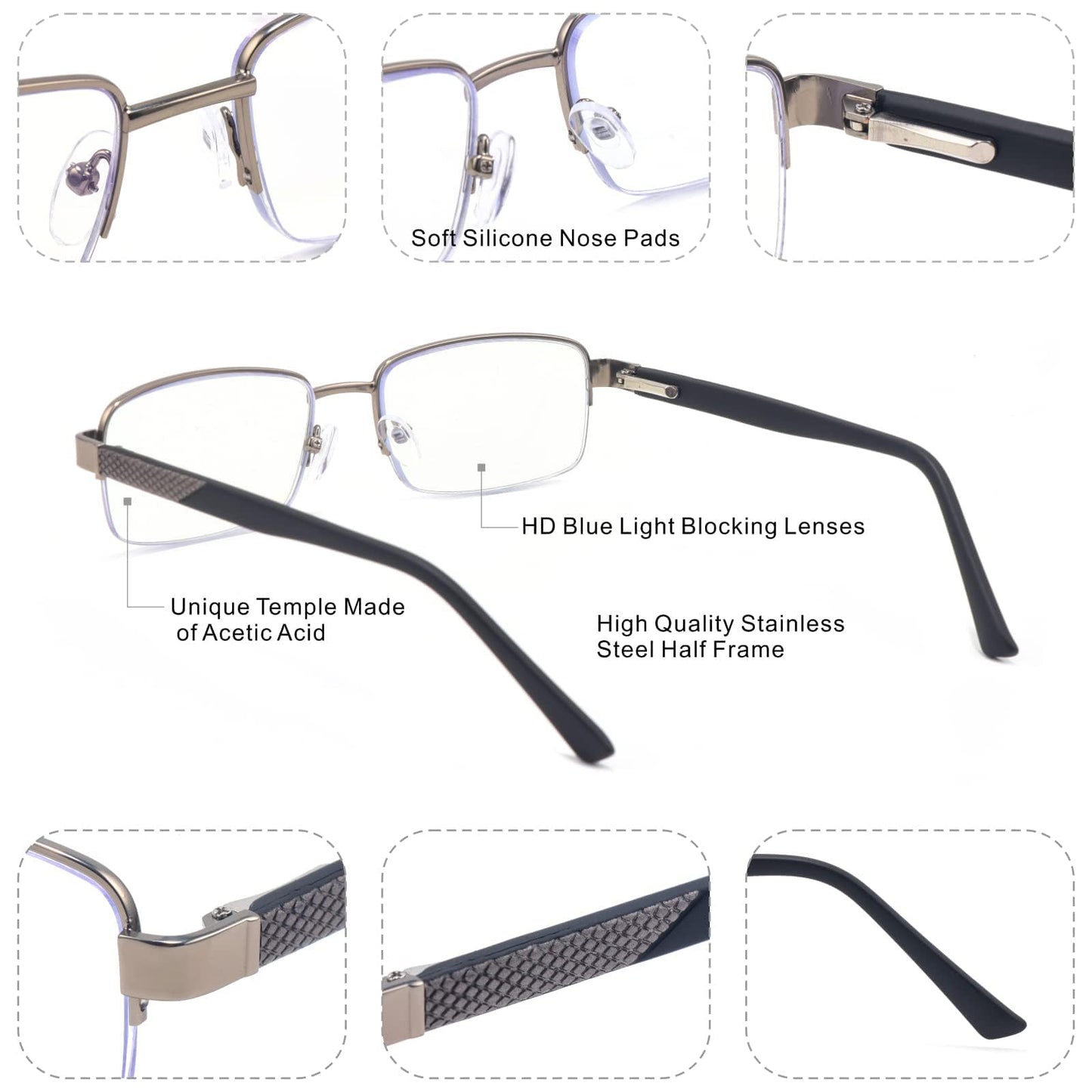 Missfive Men Premium Multifocus Reading Glasses Blue Light Blocking, Progressive Metal Frame With No Broken Spring Hinge Multifocal Readers Computer Eyewear,Workspace For Near Range, Silver