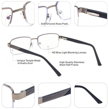 Missfive Men Premium Multifocus Reading Glasses Blue Light Blocking, Progressive Metal Frame With No Broken Spring Hinge Multifocal Readers Computer Eyewear,Workspace For Near Range, Silver