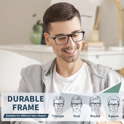 Missfive Premium Light Reading Glasses Blue Light Blocking for Men, Durable Spring Hinge Readers, Rectangular Computer Full Frame Eyeglasses Anti UV Eyewear( 4pcs)