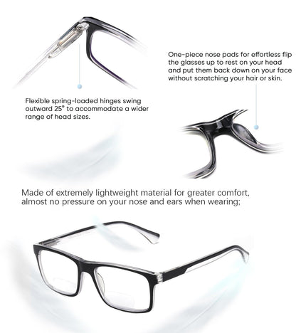 Missfive 2-Pack Light Bifocal Reading Glasses for Men Blue Light Blocking, Near/Far Range Dual-use Spring Hinge Readers, Anti UV/Eye Strain Comfort Quality Computer Eyeglasses