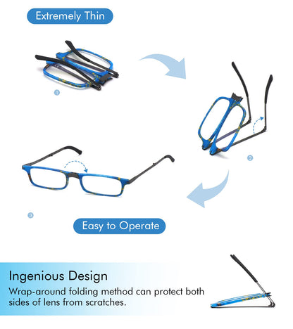 Missfive Credit Card Thin Folding Reading Glasses for Men Women - Foldable Travel Pocket Readers That Fit in a Wallet, with Durable TR90 & Metal Frame & Patterned Easy-Open Hard Case