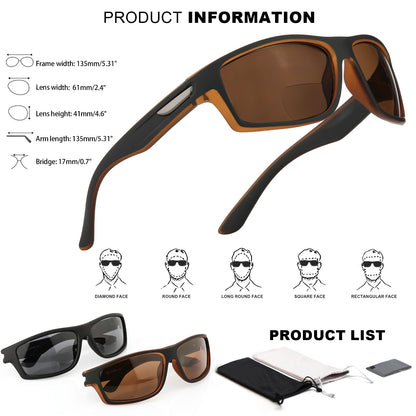 Missfive 2-Pack Mens Ultimate Bifocal Sunglasses with Readers Built In Sporty Upgraded Wrap Frame, UV400 Protection Driving & Reading Glasses for Outdoor (Dark/Brown)