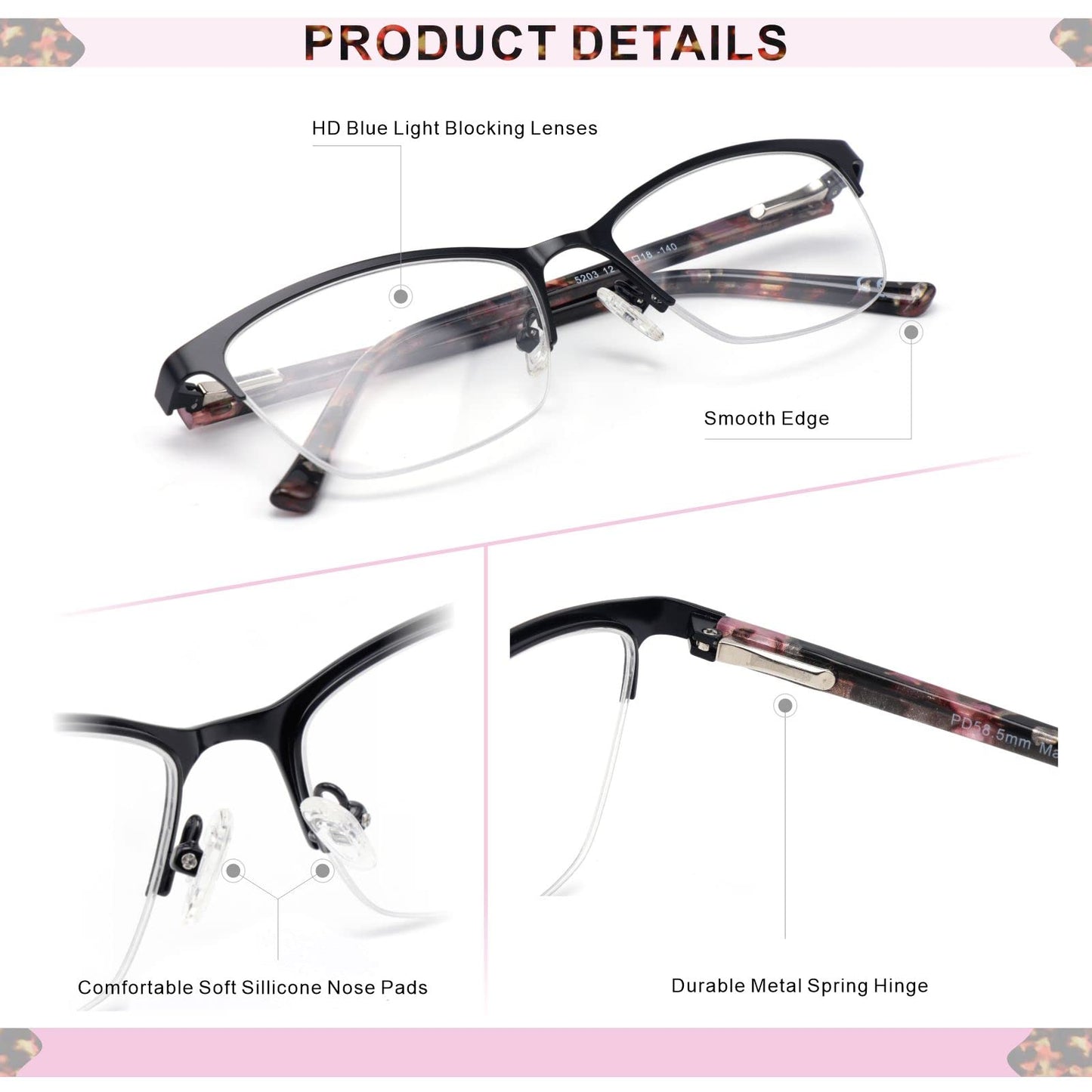 Missfive Premium Progressive Multifocus Metal Reading Glasses Women & A Case, Quality Spring Hinge Blue Light Blocking No Line Lens Multifocal Readers(for Mid-Near Workspace_ Classic Black)