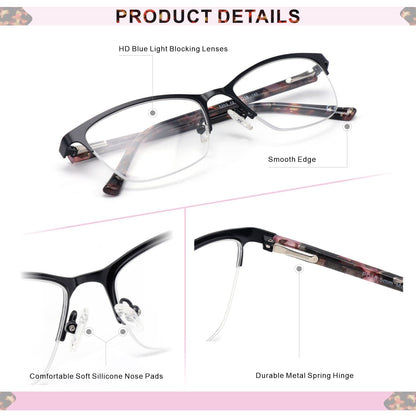 Missfive Premium Progressive Multifocus Metal Reading Glasses Women & A Case, Quality Spring Hinge Blue Light Blocking No Line Lens Multifocal Readers(for Mid-Near Workspace_ Classic Black)