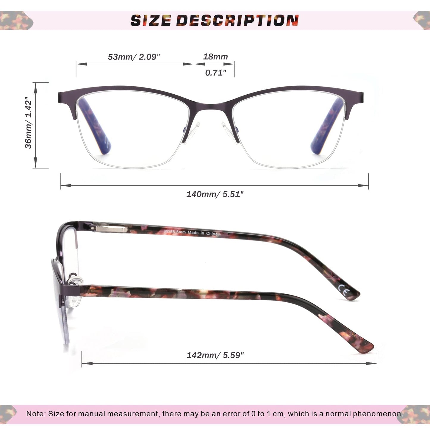 Missfive Premium Progressive Multifocus Metal Reading Glasses Women & A Case, Quality Spring Hinge Blue Light Blocking No Line Lens Multifocal Readers(for Mid-Near Workspace_Deep Purple)