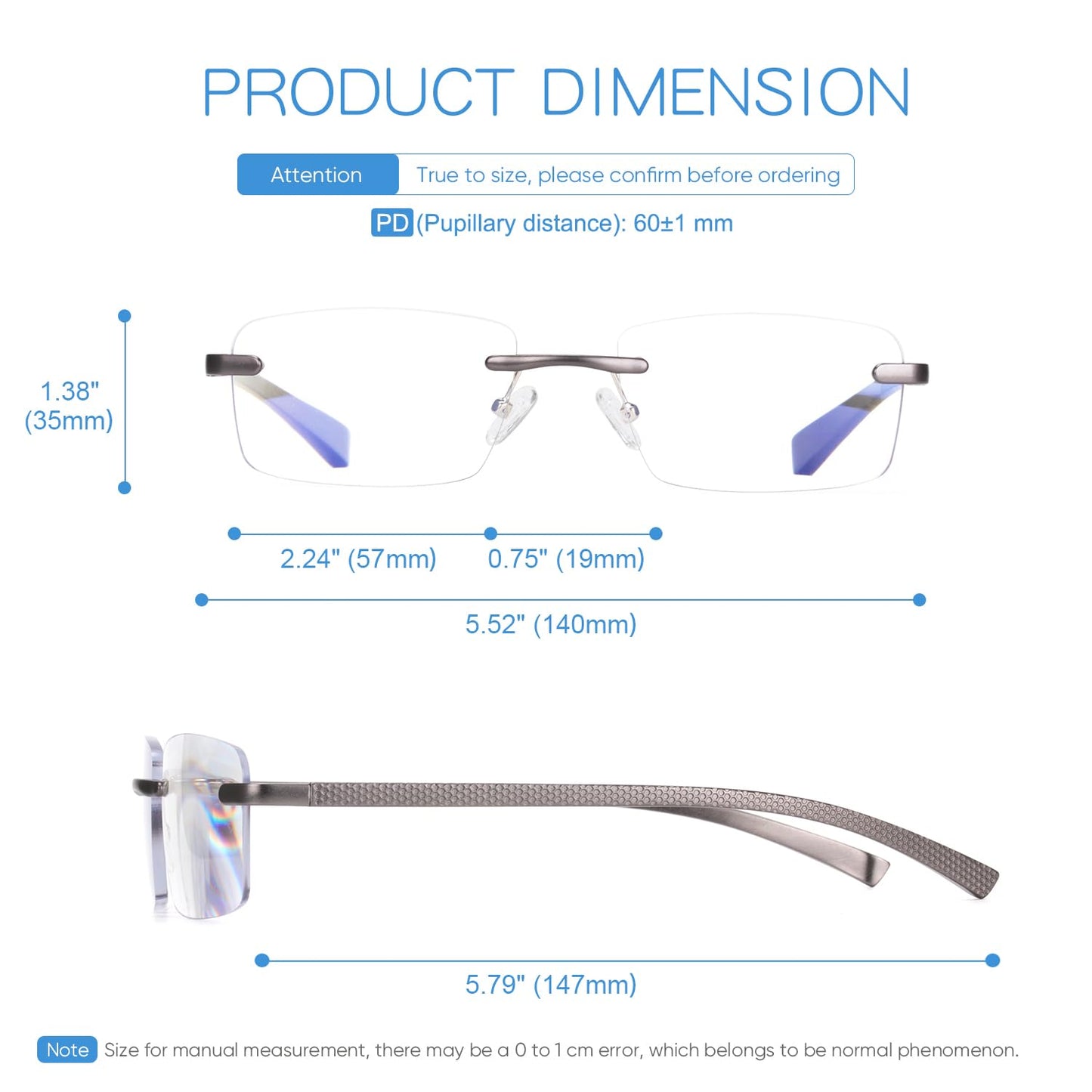 Missfive Premium Aluminum Progressive Multifocus Reading Glasses Men Blue Light Blocking, No-Line Spring Hinge Rimless Office Multifocal Metal Readers, Workspace for Near Range, Gunmetal