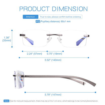 Missfive Premium Aluminum Progressive Multifocus Reading Glasses Men Blue Light Blocking, No-Line Spring Hinge Rimless Office Multifocal Metal Readers, Workspace for Near Range, Gunmetal