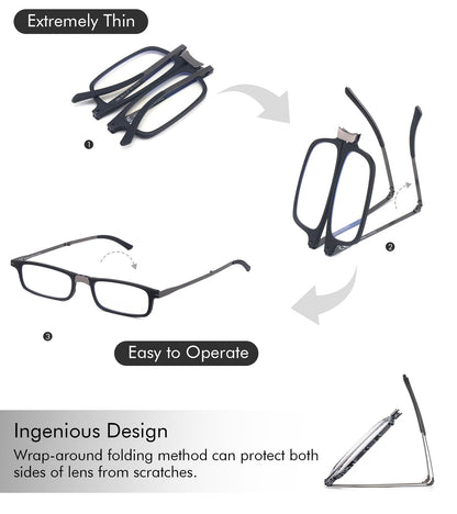 Missfive Premium Folding Reading Glasses Blue Light Blocking for Men Women, Ultra Thin Foldable Portable Travel Readers with Durable Pocket Metal Case, Dark Purple Compact Eyewear