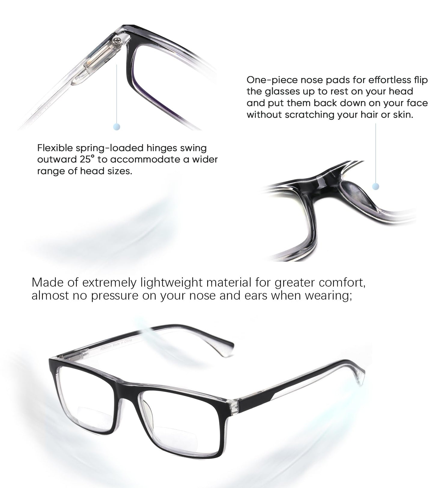 Missfive 2-Pack Lightweight Bifocal Reading Glasses for Men, Blue Light Blocking Spring Hinge Readers Near Far Dual-use, Comfort Rectangle Eyewear Quality Eyeglasses, Black