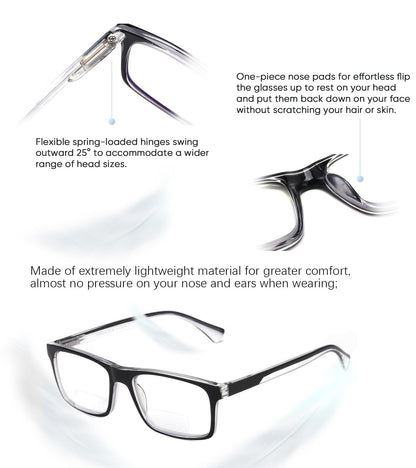 Missfive 2-Pack Lightweight Bifocal Reading Glasses for Men, Blue Light Blocking Spring Hinge Readers Near Far Dual-use, Comfort Rectangle Eyewear Quality Eyeglasses, Black