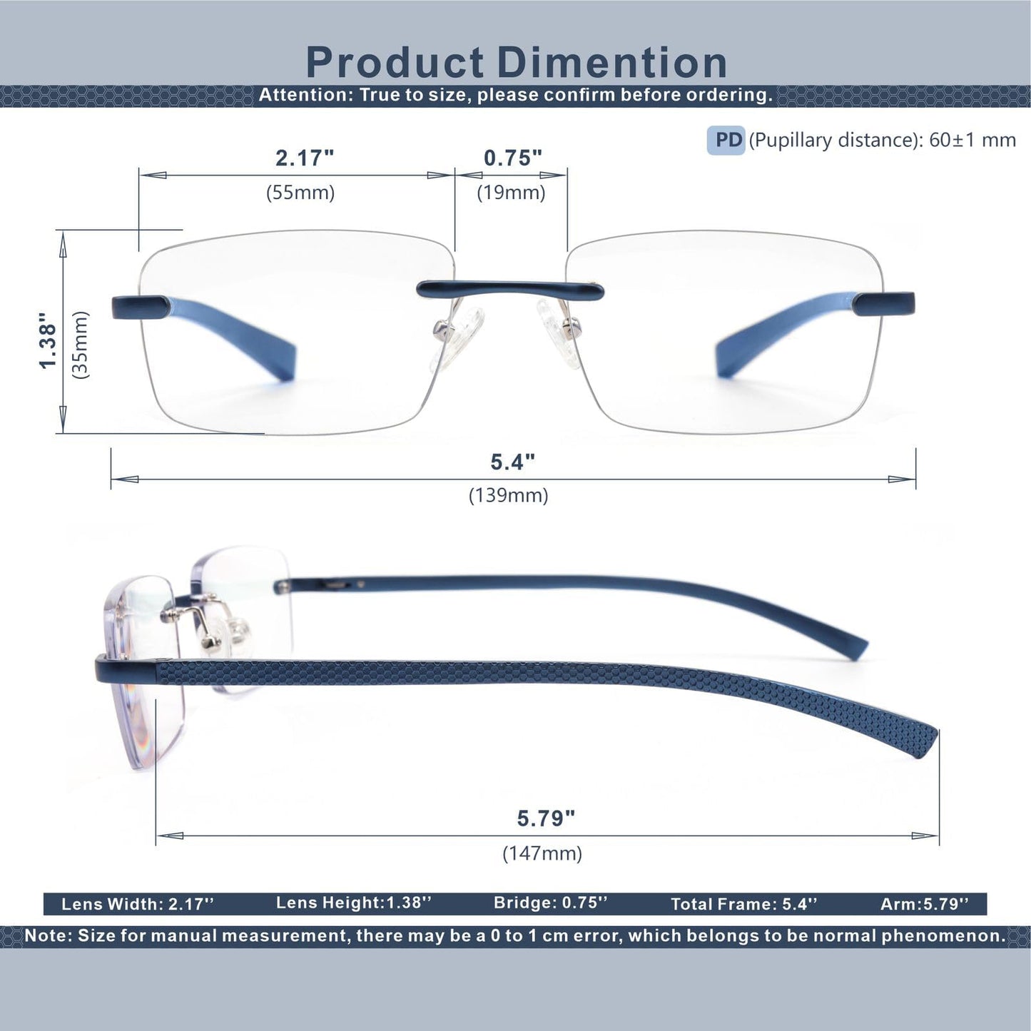 Missfive Premium Aluminum Progressive Multifocus Reading Glasses Men Blue Light Blocking, No-Line Spring Hinge Rimless Office Multifocal Metal Readers for Near Range Workspace, Sapphire