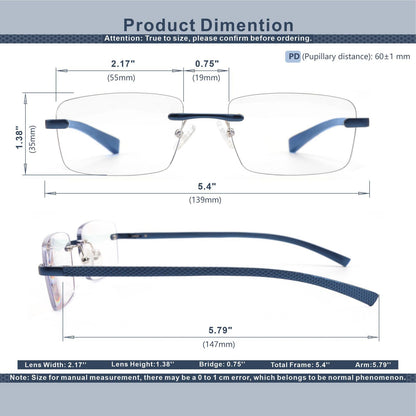 Missfive Premium Aluminum Progressive Multifocus Reading Glasses Men Blue Light Blocking, No-Line Spring Hinge Rimless Office Multifocal Metal Readers for Near Range Workspace, Sapphire