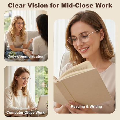 Missfive Pearl Progressive Multifocal Reading Glasses for Women, Flattering Durable & Lightweight Metal Half-Frame, Blocks Blue Light & UV, Convenient Chain, No-Line Multifocal Readers,Pink