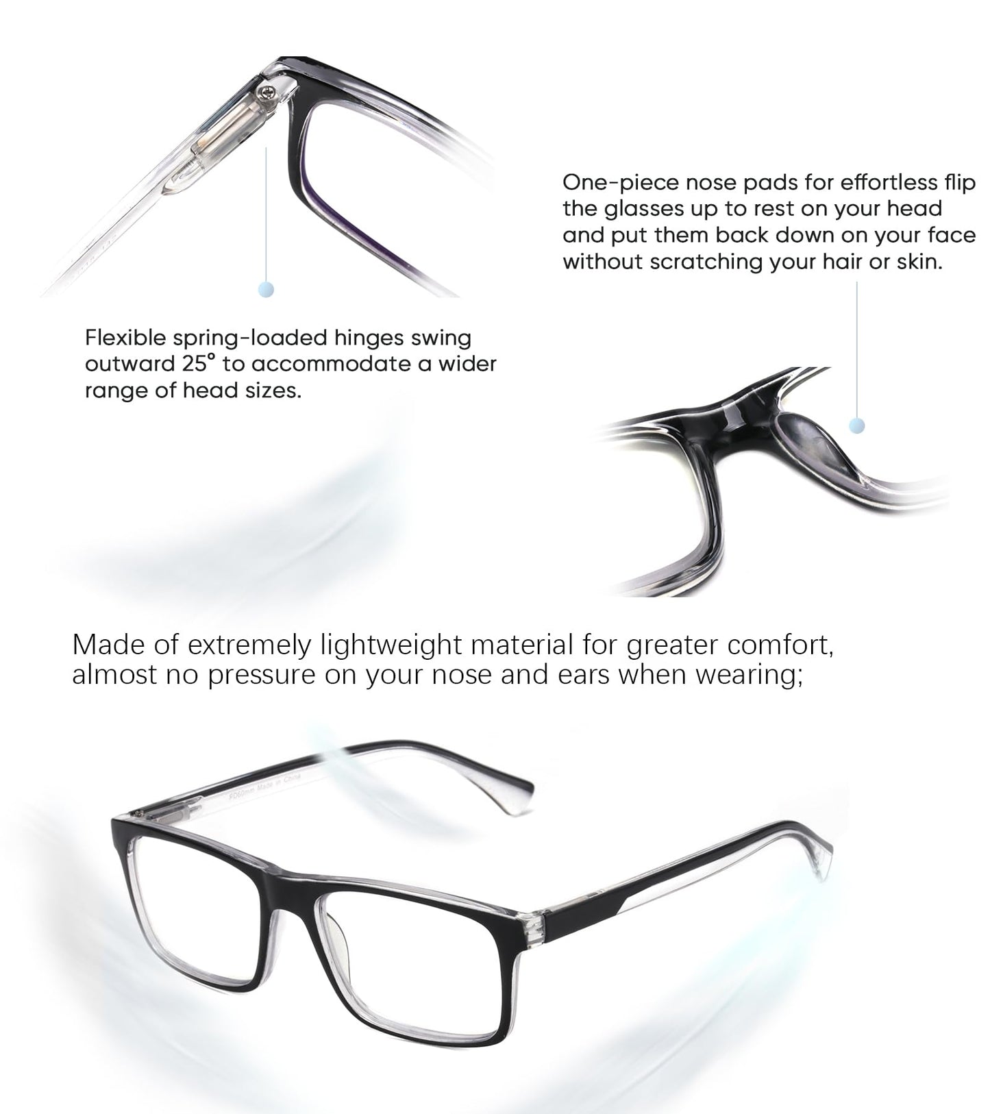 Missfive 2-Pack Mens Light Multifocus Progressive Reading Glasses Blue Light Blocking, Multifocal Spring Hinge Readers No-Line Quality Comfort Trifocal (Workspace For Near Range, Black)