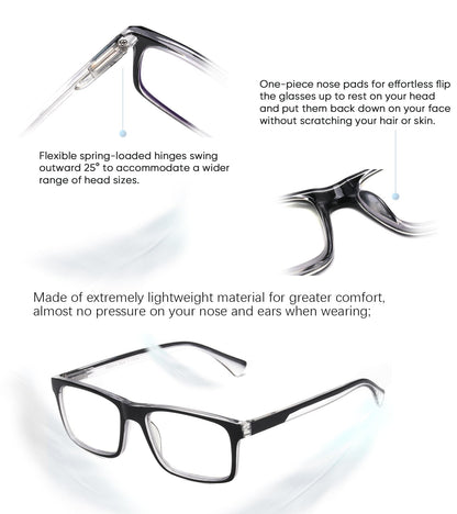 Missfive 2-Pack Mens Light Multifocus Progressive Reading Glasses Blue Light Blocking, Multifocal Spring Hinge Readers No-Line Quality Comfort Trifocal (Workspace For Near Range, Black)