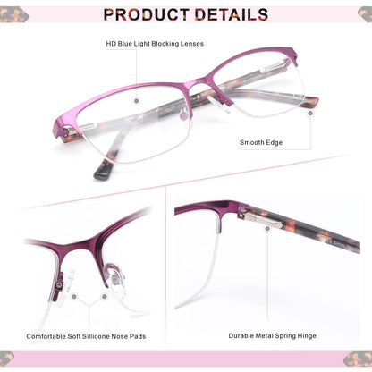 Missfive Premium Progressive Multifocus Metal Computer Reading Glasses For Women & A Hard Case, Quality Spring Hinge No Line Multifocal Readers (Workspace For Near Range )