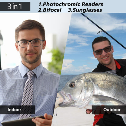 Missfive Photochromic Bifocal Reading Glasses Men Blue Light Protection, Designer Transition Retro Computer Readers Far and Near Dual-Use Lens Stylish Vintage Eyeglasses Matte Gray Eyewear