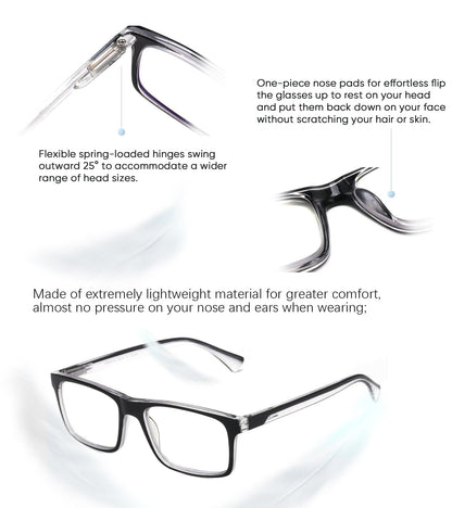 2-Pack Mens Light Multifocus Progressive Reading Glasses Blue Light Blocking, Multifocal Spring Hinge No-Line Quality Trifocal Readers Comfort Eyeglasses (Workspace For Near Range )