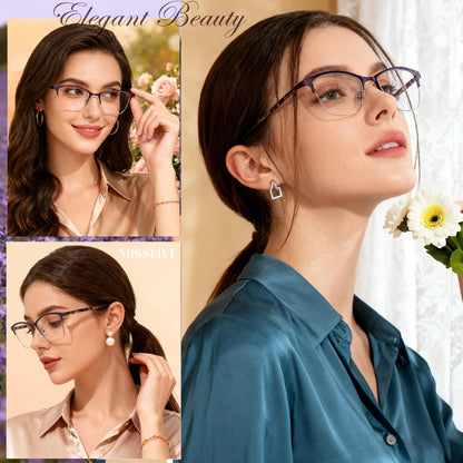 Missfive Premium Progressive Multifocus Metal Reading Glasses Women & A Case, Quality Spring Hinge Blue Light Blocking No Line Lens Multifocal Readers(for Mid-Near Workspace_Deep Purple)