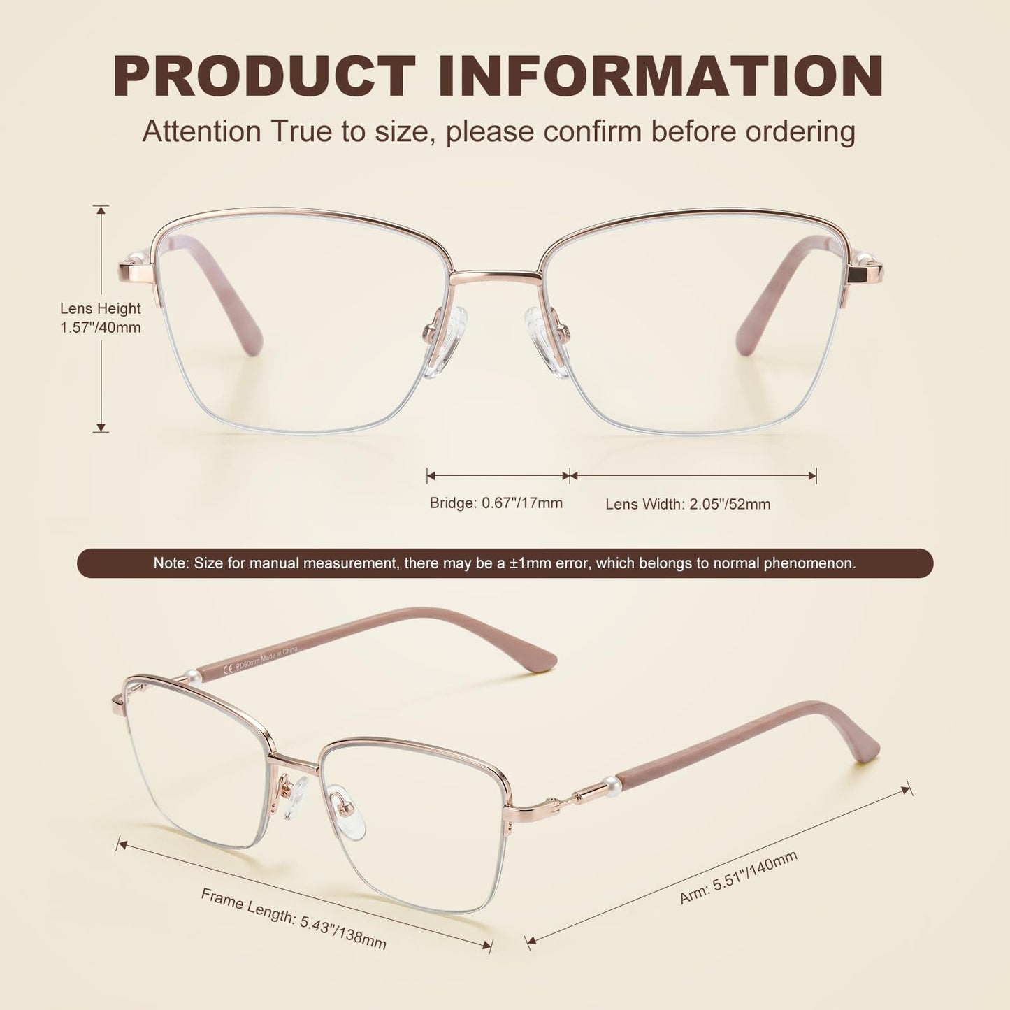 Missfive Pearl Progressive Multifocal Reading Glasses for Women, Flattering Durable & Lightweight Metal Half-Frame, Blocks Blue Light & UV, Convenient Chain, No-Line Multifocal Readers,Pink