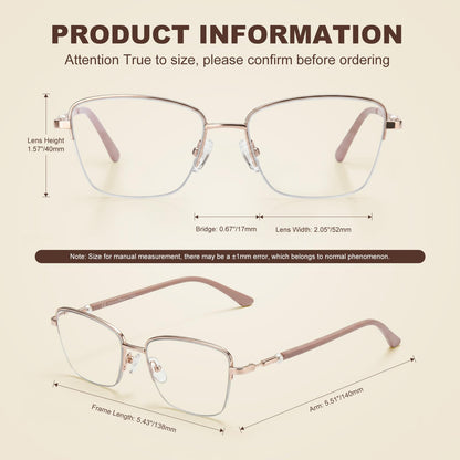 Missfive Pearl Progressive Multifocal Reading Glasses for Women, Flattering Durable & Lightweight Metal Half-Frame, Blocks Blue Light & UV, Convenient Chain, No-Line Multifocal Readers,Pink