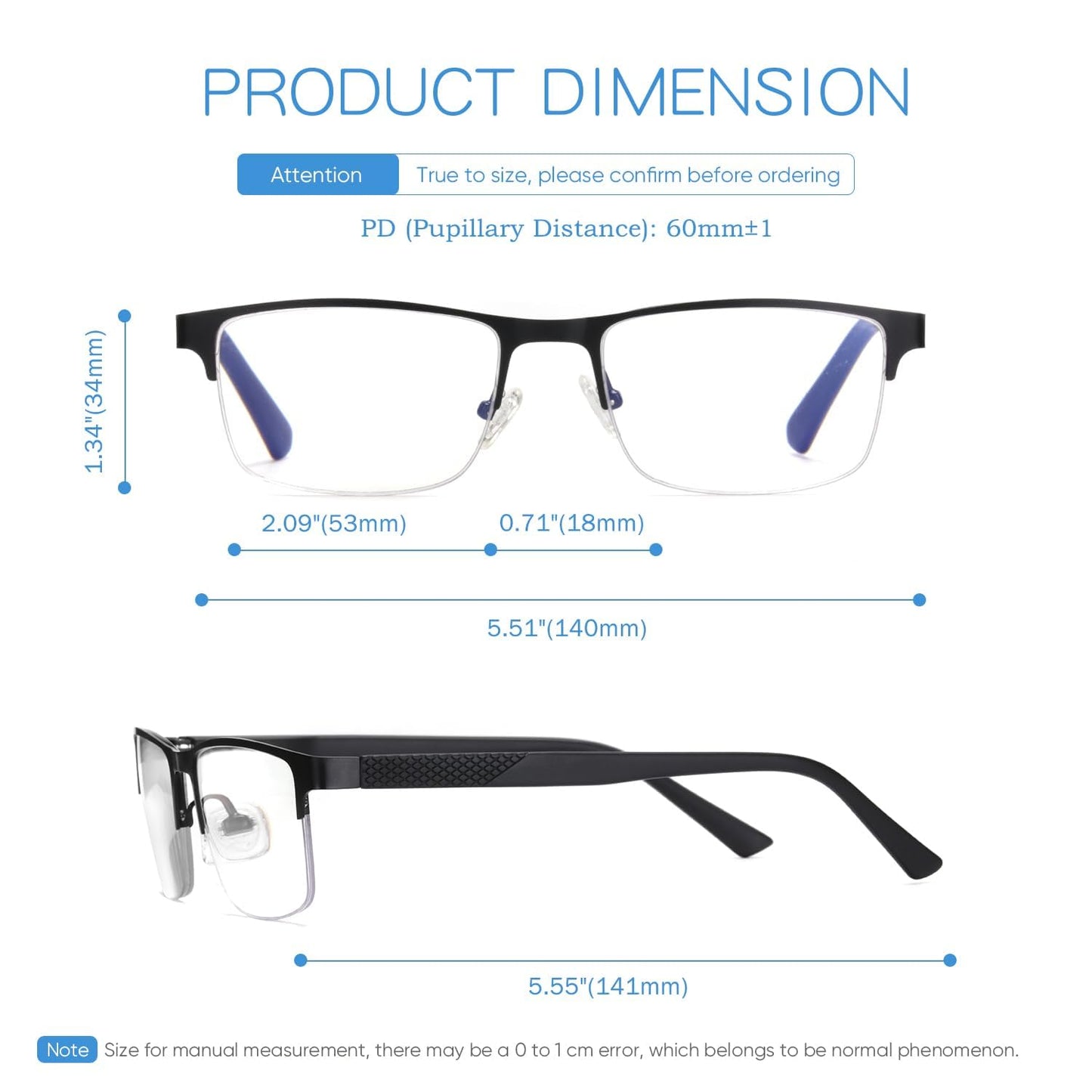 Missfive 2 Pack Mens Quality Progressive Multifocus Reading Glasses Blue Light Blocking, Man Spring Hinge Multifocal No-Line Readers Half Frame Metal Eyeglasses,Workspace For Near Range