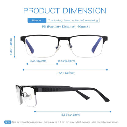 Missfive 2 Pack Mens Quality Progressive Multifocus Reading Glasses Blue Light Blocking, Man Spring Hinge Multifocal No-Line Readers Half Frame Metal Eyeglasses,Workspace For Near Range