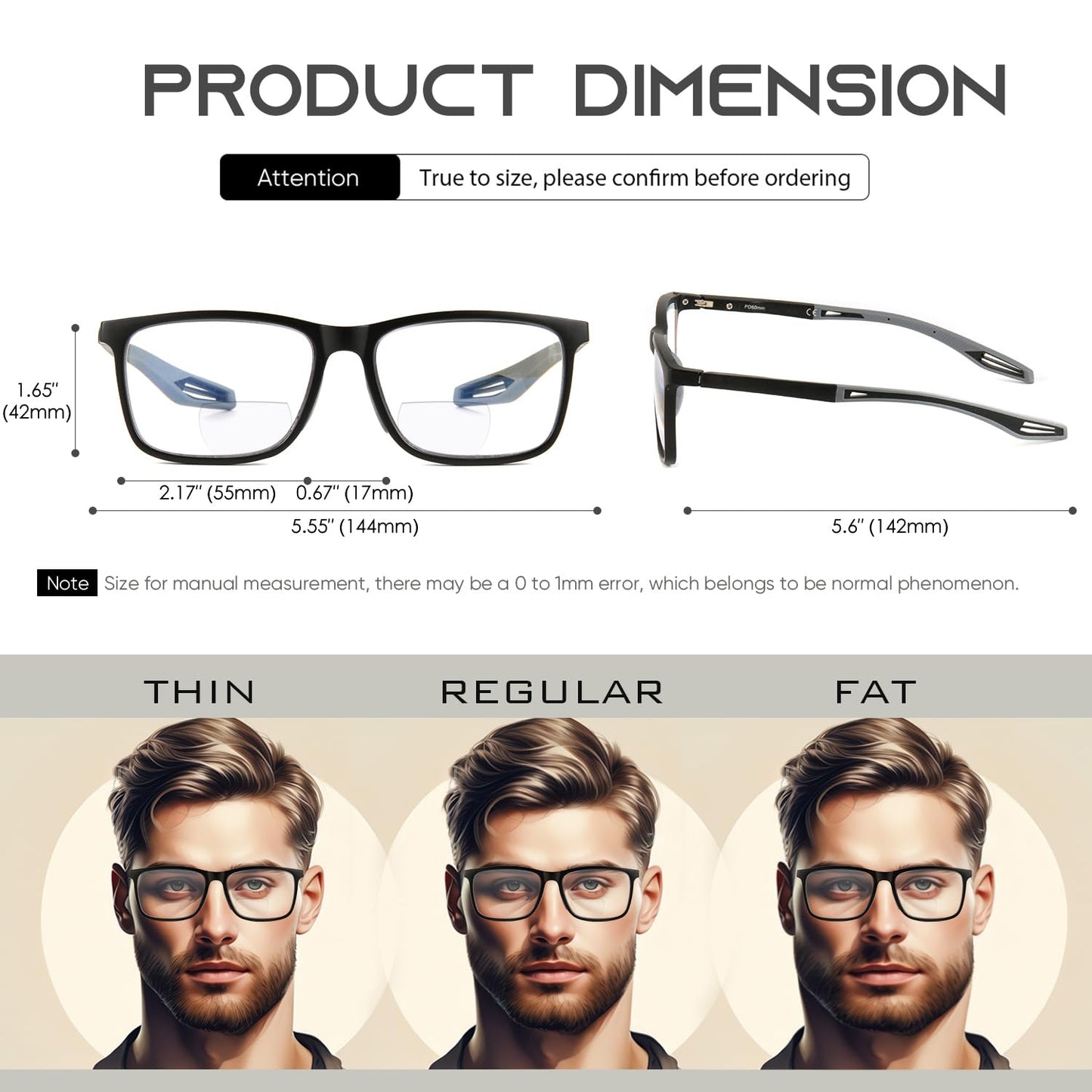 Missfive 2-Pack Bifocal Reading Glasses for Men, Upgraded TR90 Sporty Anti Blue/UV Readers with Metal Spring Hinge, Lightweight Dual-Focus Near-Far Vision Eyeglasses，Black & Blue