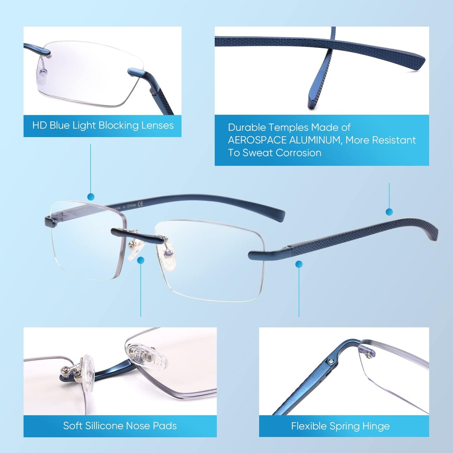 Missfive Premium Aluminum Progressive Multifocus Reading Glasses Men Blue Light Blocking, No-Line Spring Hinge Rimless Office Multifocal Metal Readers for Near Range Workspace, Sapphire