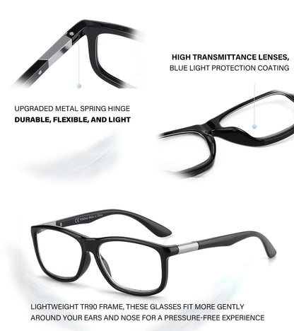 Missfive 2 Pack Progressive Multifocus Reading Glasses Premium Flexible Metal Spring Hinge, Light TR90 Multifocal Readers for Men Women Anti Blue/UV No-Line Trifocal for 3-5ft Mid-Near, Black & Blue