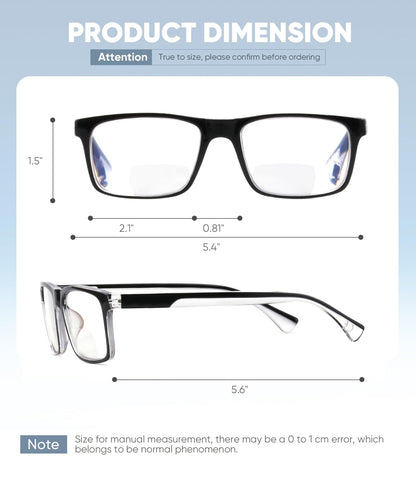 Missfive 2-Pack Light Bifocal Reading Glasses for Men Blue Light Blocking, Near/Far Range Dual-use Spring Hinge Readers, Anti UV/Eye Strain Comfort Quality Computer Eyeglasses